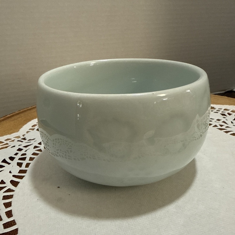 Vintage Korean Celadon Porcelain Bowl Grape Leaf Relief Donghwa Blue Green 4"